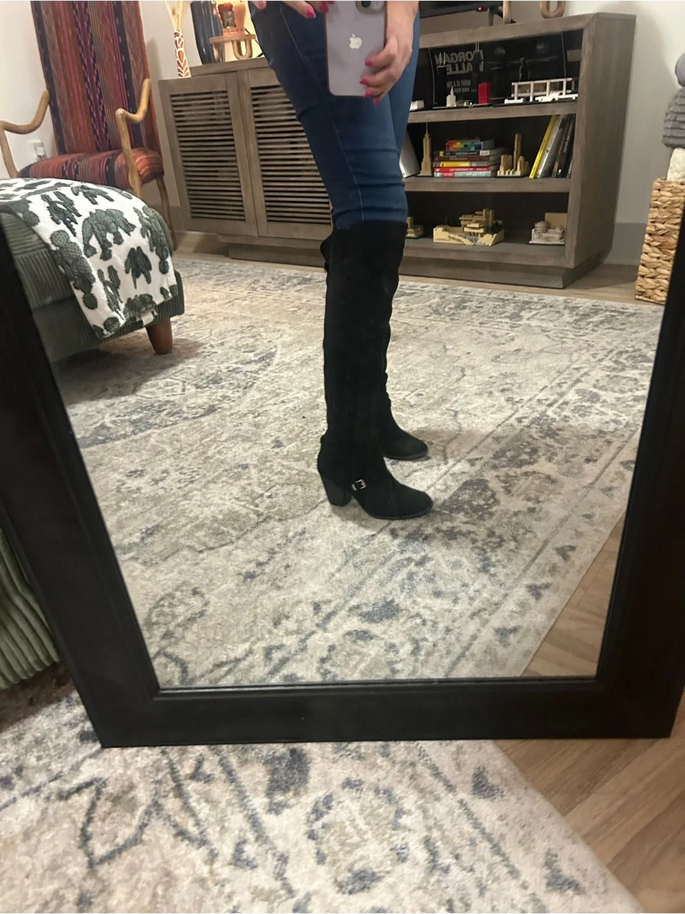 Black Suede Knee-High Heeled Boots